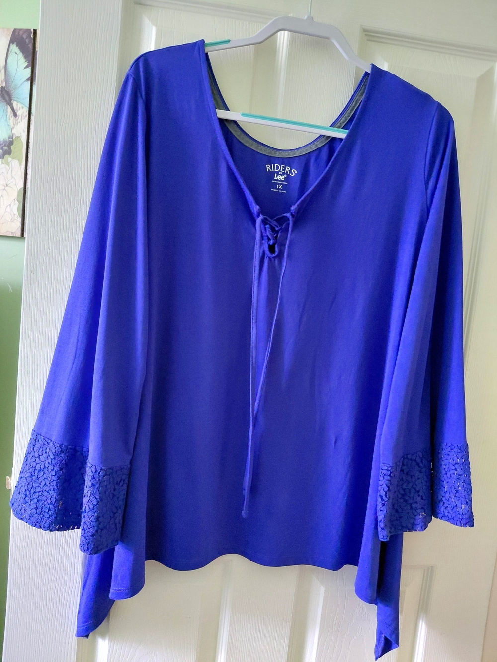 Riders by Lee Royal Blue Lace-Trim Tie-Neck Blouse
